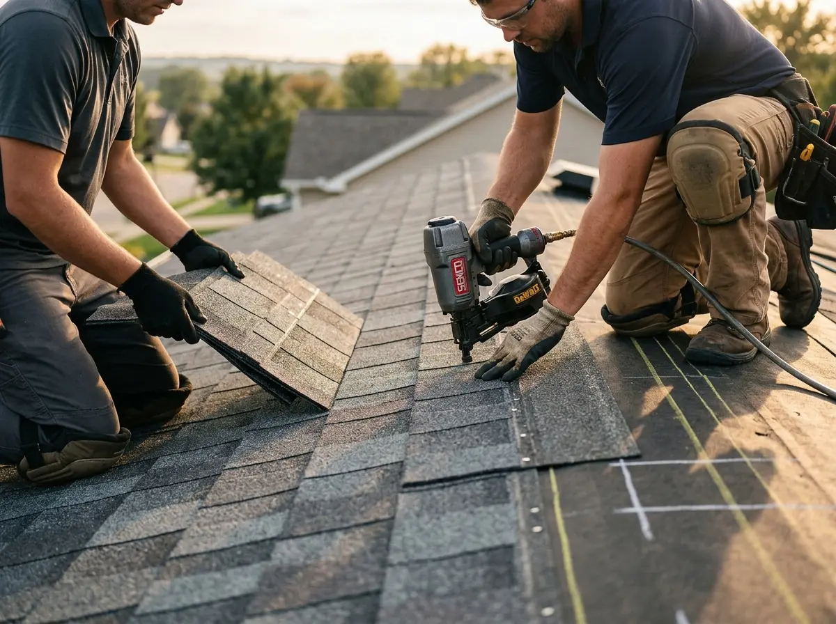 Professional roofer working on a residential roof in Lehigh